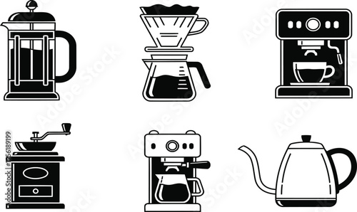 Black and white coffee maker icons set