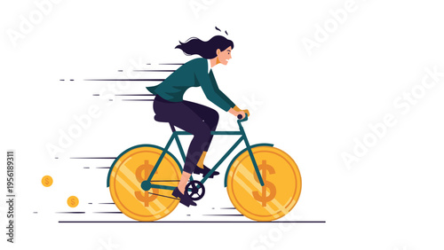 Successful businesswoman rides a bicycle with large gold dollar coin wheels symbolizing rapid financial growth and prosperity.