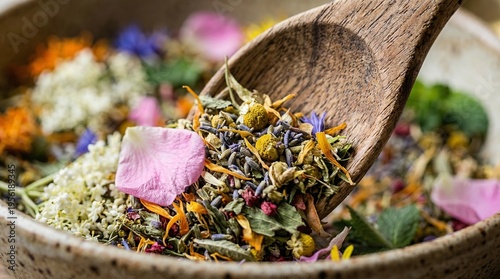 Dried Botanicals in Wooden Spoon from Clay Bowl
