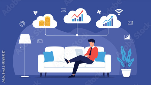 Relaxed man works from home on a laptop while clouds above him display positive financial growth and stock market analytics.