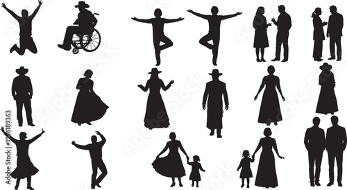 Collection of diverse black silhouette figures showing people in dynamic poses, dancing, jumping, social interaction, family relationships, and Western attire, 