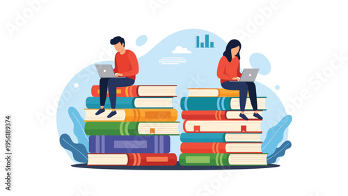 Dedicated students sitting on large stacks of books use laptops for online learning and academic research in a digital library.