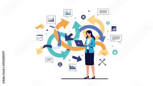 Focused woman on a laptop stands amidst a complex web of colorful arrows and data icons representing multi tasking challenges.