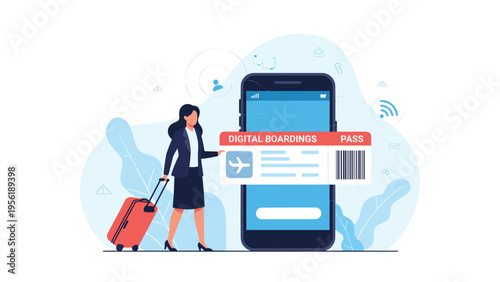 Professional woman with a suitcase stands next to a large smartphone displaying a digital boarding pass for her next flight.