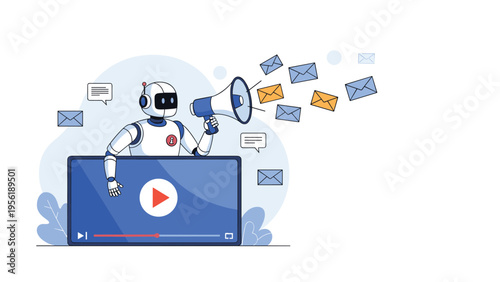 AI robot with a megaphone stands behind a video player screen while blue and orange envelopes fly out representing email.