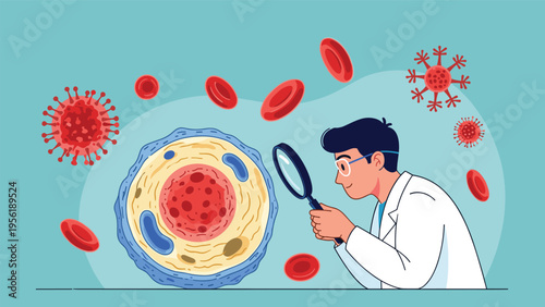 Scientist in a lab coat looks through a magnifying glass at a large biological cell surrounded by floating virus microbes.