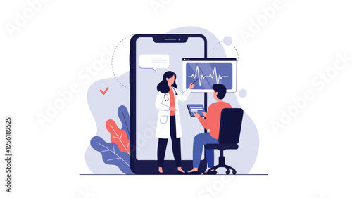 Patient has a digital consultation with a female doctor who appears on a giant smartphone screen to discuss heart health.