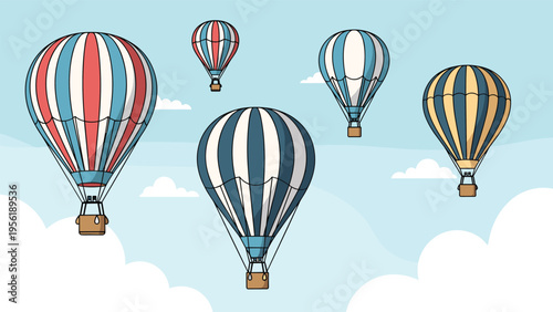 Group of colorful hot air balloons with striped patterns float gracefully through a blue sky with fluffy white clouds.