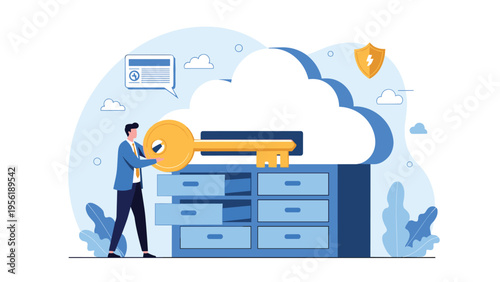 Businessman uses a large golden key to unlock a secure cloud storage portal situated on top of a blue filing cabinet.
