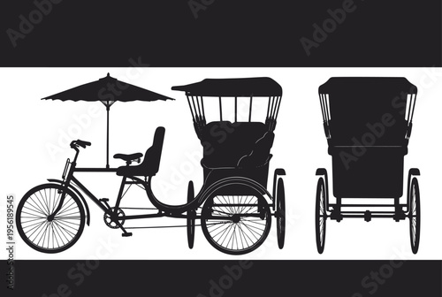 Silhouettes of traditional cycle rickshaws in side and rear views, showcasing cultural transportation, eco‑friendly travel, heritage design, and Asian urban mobility in minimalistic illustration.