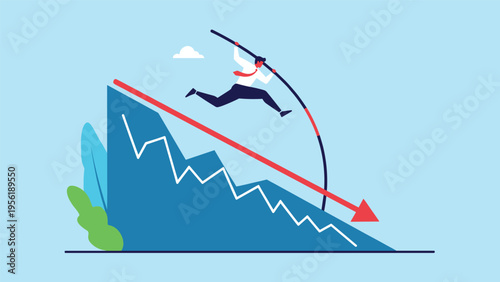 Determined man in a suit uses a pole to vault over a declining financial graph symbolizing resilience during an economic crisis.