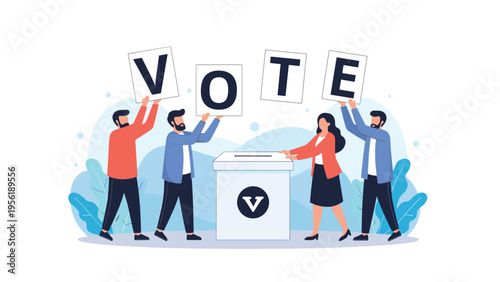 Group of diverse people hold up large letters to spell the word vote while standing next to a white ballot box for elections.