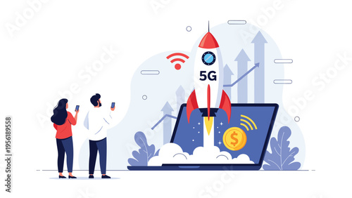 Rocket labeled five G launches from a laptop screen as a man and woman watch the high speed connectivity with their phones.