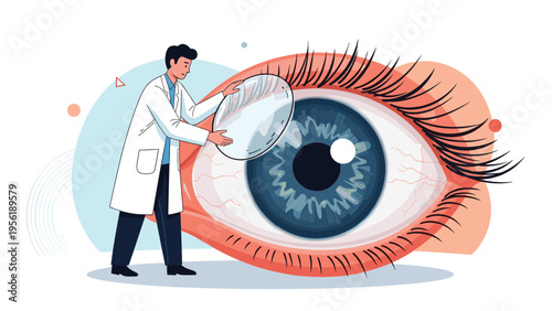 Eye specialist in a white coat carefully places a large transparent contact lens onto a giant detailed human eye model.