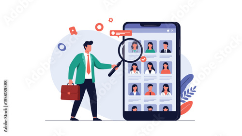 Human resources recruitment concept with professional man using magnifying glass to find best job candidates on mobile phone application screen.
