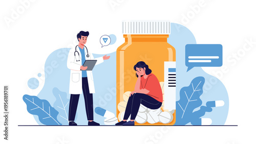 Mental health support and medical consultation concept with doctor talking to depressed patient sitting by large bottle of prescription pills.