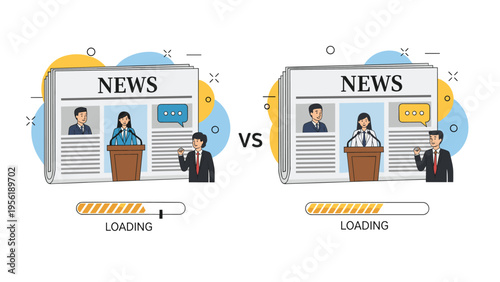 News media comparison and loading concept showing two newspaper designs with different colored themes and progress bars for digital information update.