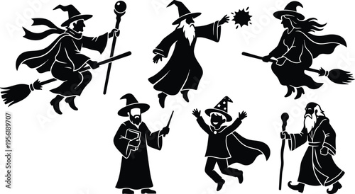 Vector silhouette witches and wizards flying on broomsticks with staffs and child wizard halloween black and white