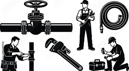Black and white plumbing icons set with valve wrench hose and plumber silhouettes
