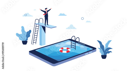 Business professional prepares to dive from high platform into smartphone pool containing lifebuoy symbolizing digital risk and safety.