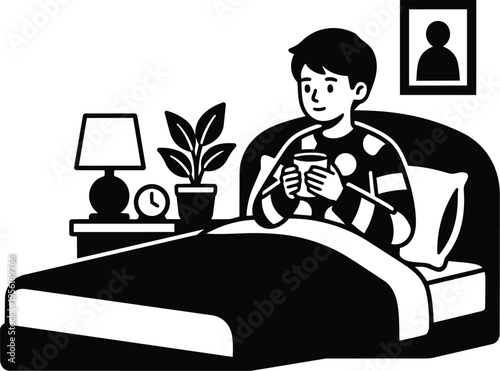 Man sitting in bed holding mug wearing striped pajamas black and white line art illustration