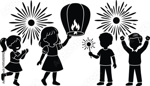 Silhouette children releasing sky lantern holding sparklers with fireworks overhead black and white vector art
