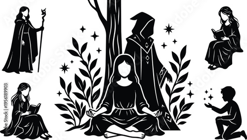 Black and white vector meditation scene with cloaked mage reader and sparkling stars