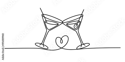 Minimalist continuous line drawing of two martini glasses clinking together with a heart shape below Vector, illustration