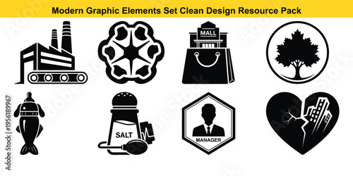 A collection of modern graphic elements featuring various icons and symbols arranged in a clean design resource pack on a white background for easy use in digital projects and creative applications.
