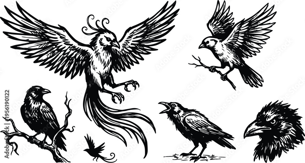 Obraz premium Line art decorative bird with long tail and spread wings plus crows perched and flying