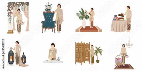 Set of illustrations depicting a woman in traditional Javanese wedding attire engaging in various ceremonial activities and preparations on a white background.