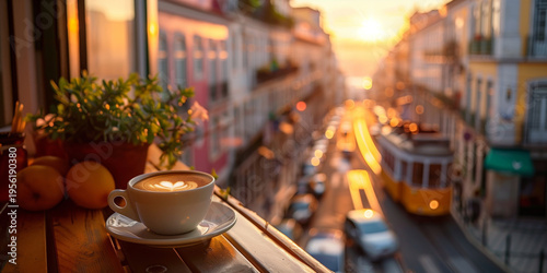 Cup of coffee on a balcony table overlooking a narrow Lisbon street with tram tracks in warm sunset light. Cozy travel scene with urban atmosphere, Portuguese architecture, and evening city charm