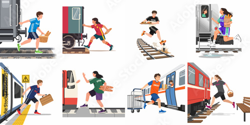Flat vector illustration set of young people in athletic wear rushing to catch trains, carrying bread, food, and luggage at railway stations.