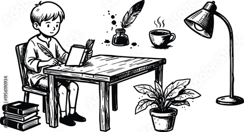 Line art boy reading book at wooden table with quill ink bottle and desk lamp