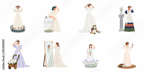 Set of vintage illustrations featuring a bride in elegant white gowns, wearing crowns and accessorizing with flowers, mirrors, and birdcages.