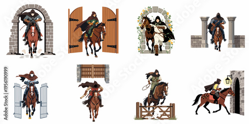Flat vector illustrations of a hooded rider on horseback passing through various medieval gates, arches, and stone entrances.
