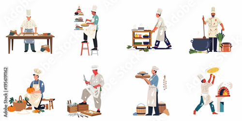 Set of professional chefs engaged in various culinary activities including baking, cooking soup, making pizza, and preparing fresh ingredients in a kitchen environment.