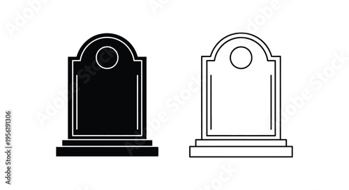 Set of two gravestone icons vector: solid black and outline tombstone for death, Halloween, or memorial designs