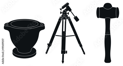Mortar Pestle Telescope Tripod Mallet Tools Arranged Isolated Studio Black Silhouette