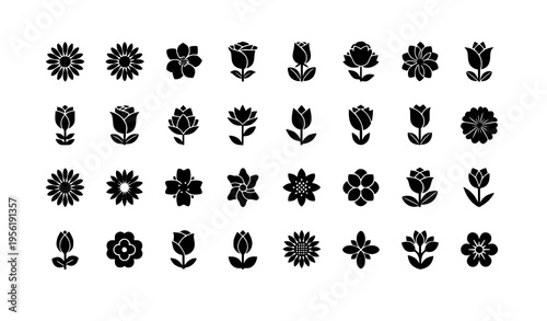 Black flower icon set with simple floral silhouettes in minimal flat vector style isolated on white background
Keywords