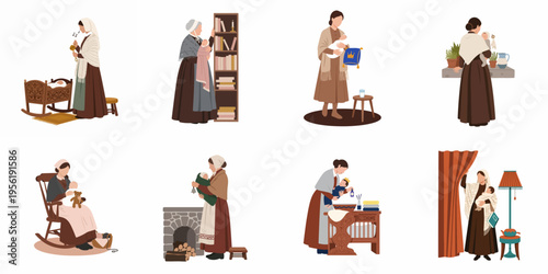 Collection of historical motherhood illustrations featuring women in traditional dress caring for infants in various domestic settings and vintage home environments.