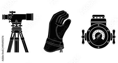Telescope on Tripod Protective Glove Pressure Gauge Dial. Scientific Equipment Icons. Minimalist Vector Style