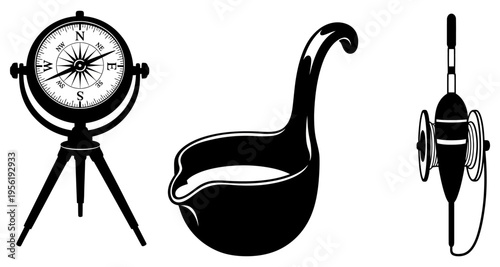 Vintage Compass on Tripod Gravy Boat and Fishing Bobber Silhouette Icons