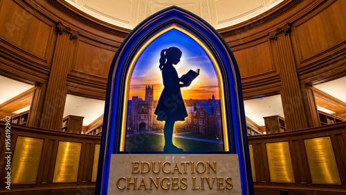 A beautiful illuminated archway monumentally displaying a silhouette of a young girl engrossed in reading a book, set against a stunning backdrop of a historic university campus at sunset, while