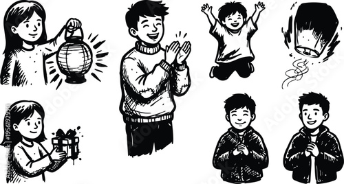Line art children with lantern gift and sky lantern celebrating together in black and white