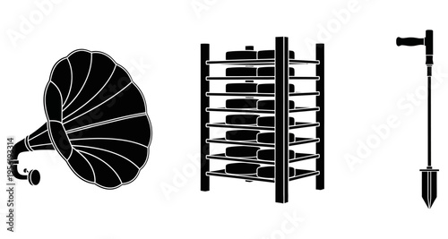 Vintage Gramophone Book Rack and Garden Trowel Icons Isolated on White BackgroundMinimalist Vector Graphics