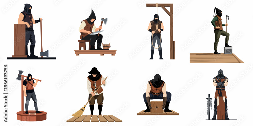 Ταπετσαρία A collection of medieval executioner characters in various poses with tools like axes, a noose, and a chopping block, on a white background