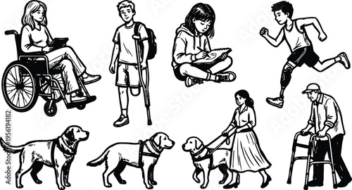 Vector art line art montage of wheelchair crutches prosthetic walker and assistance dogs showing mobility and care