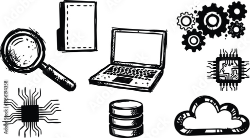 Hand drawn laptop magnifying glass database cloud and microchip icons in black and white line art
