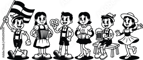 Retro cartoon children in lederhosen and dirndl holding pretzel beer accordion and flag in black and white